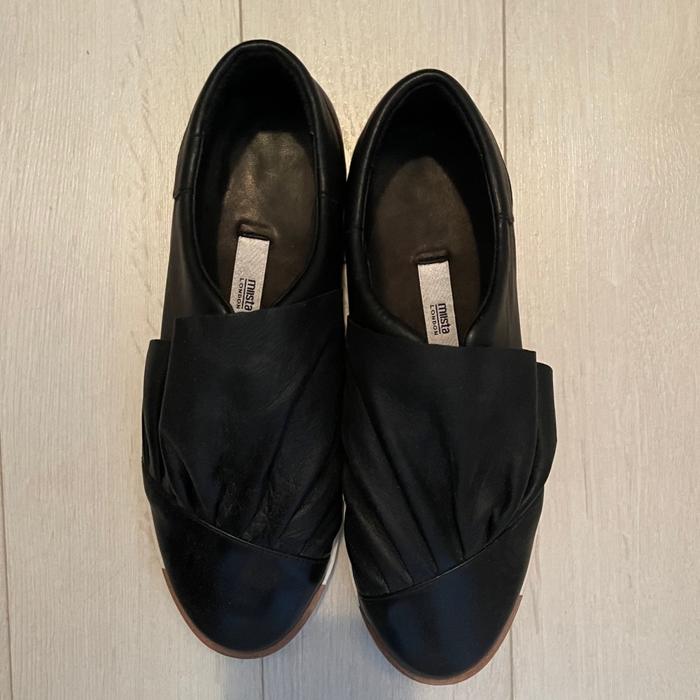Miista Black Leather Draped Slip-On Flats